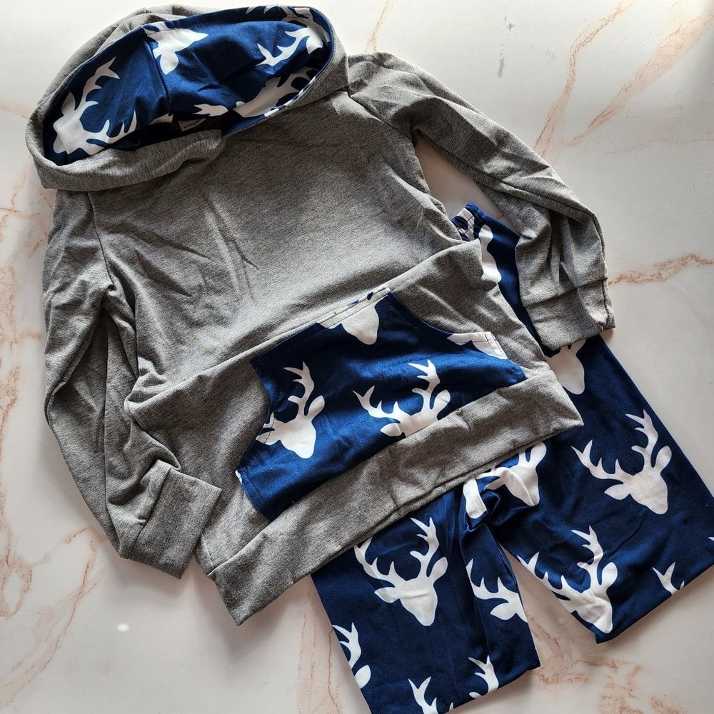 Blue Deer & Grey Hoodie & Pant Boys Set